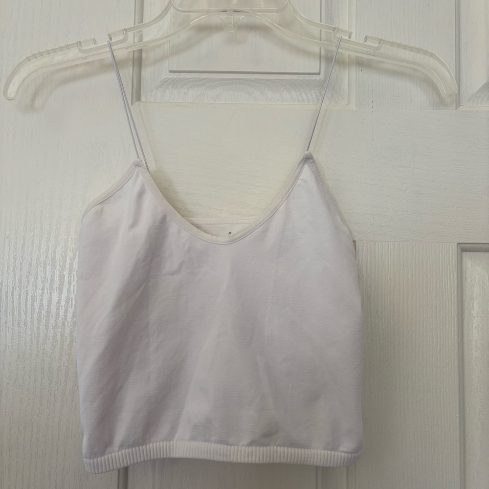 Tiny Spaghetti Strap Women's white cami cropped tank top. Size XS/S